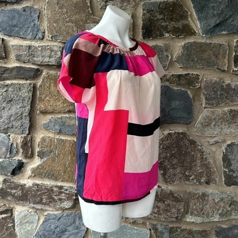 Kate Spade New York Silk Short Sleeve Colorblock Blouse in Pink/Cream Size 0